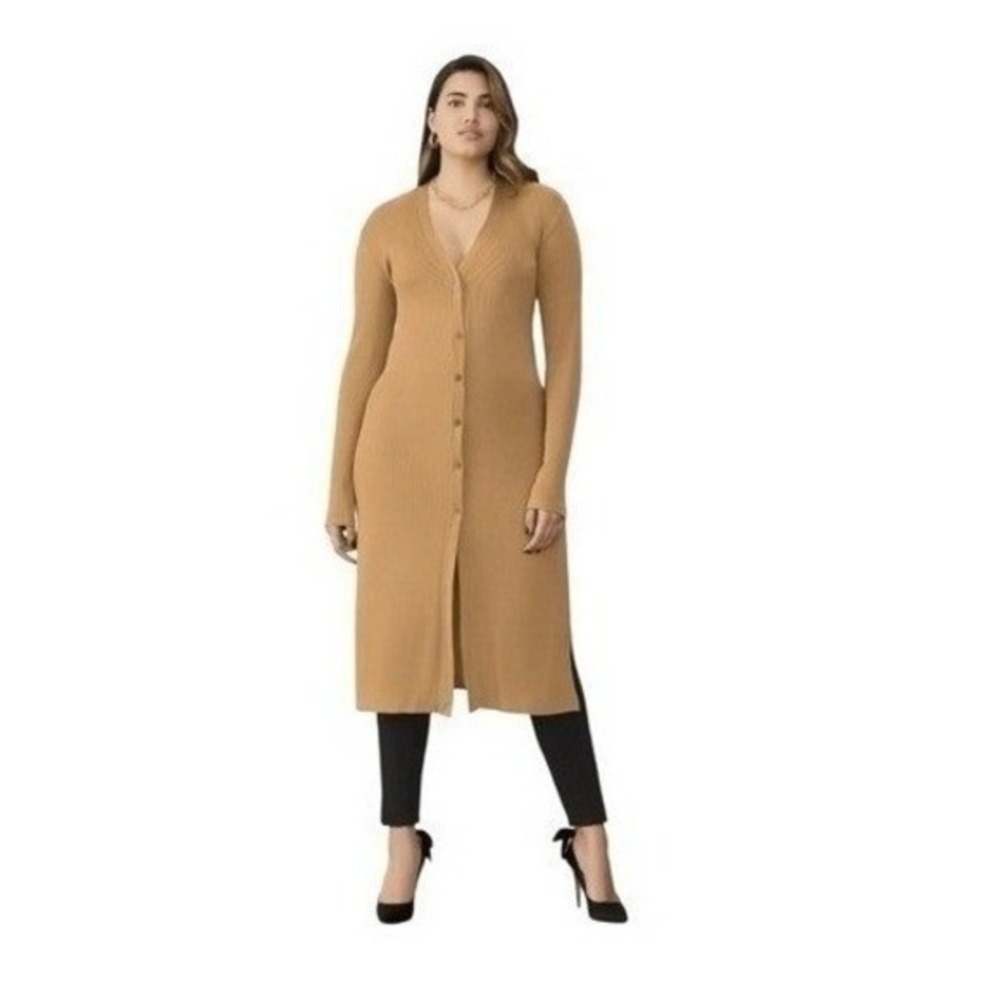 GSTQ Convertible Duster Midi Sweater Dress‎ Tan Ribbed Knit 2x
